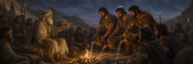 Elderly David speaking as three warriors pour precious water beside a campfire